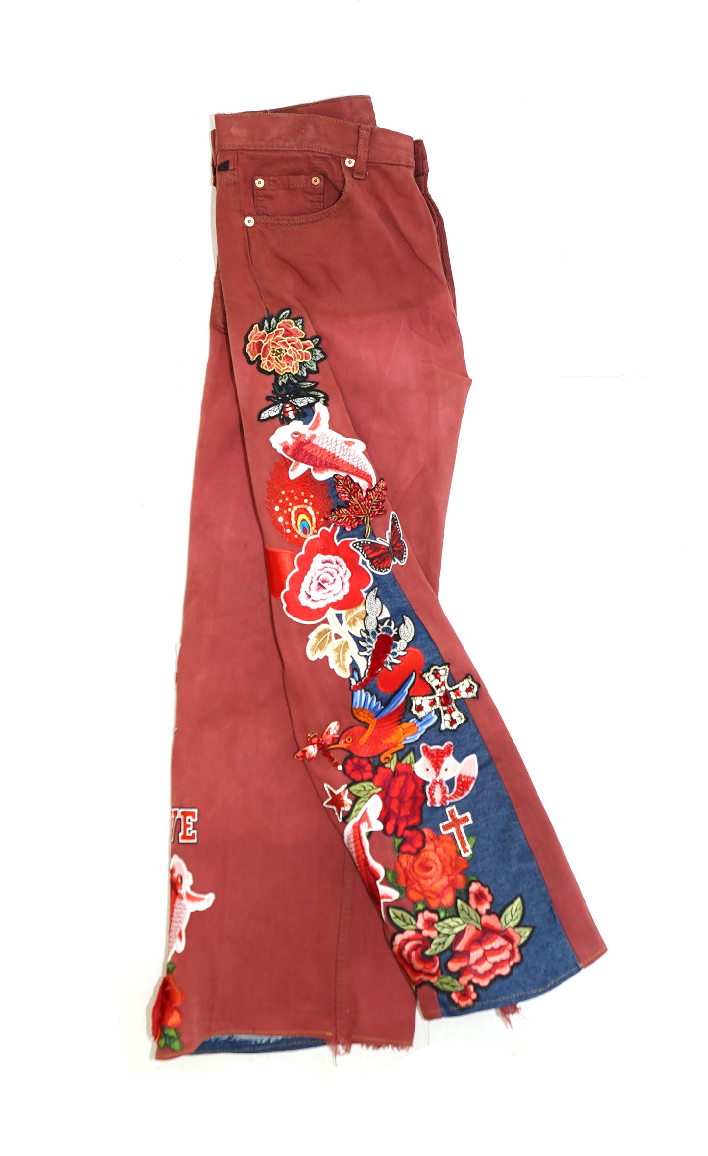 Floral Patchwork Denim Pants - SCARLET 36W