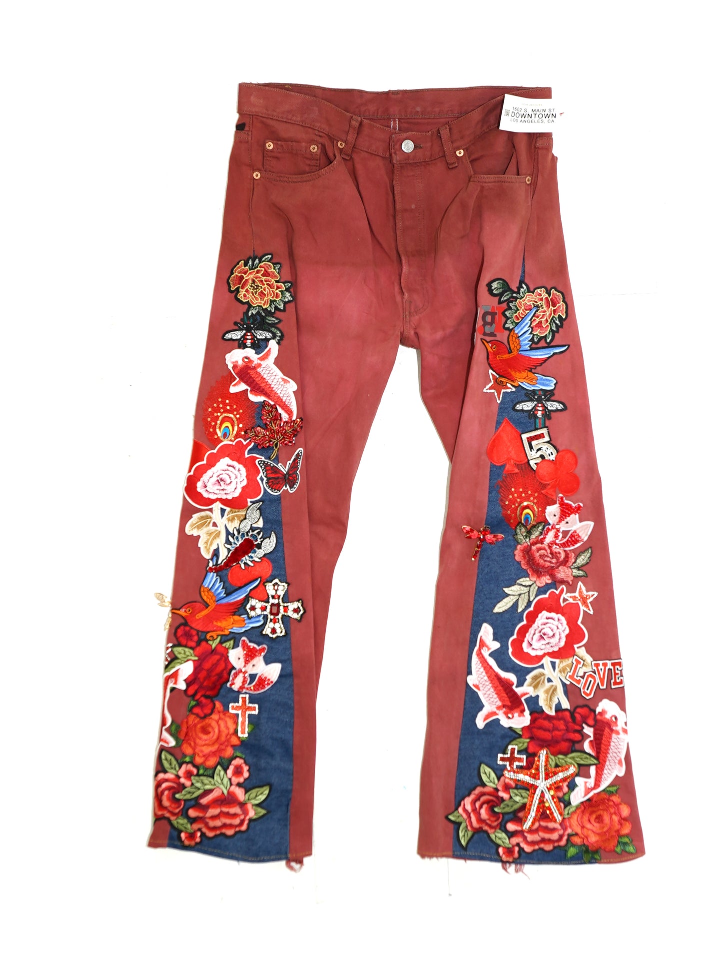 Floral Patchwork Denim Pants - SCARLET 36W