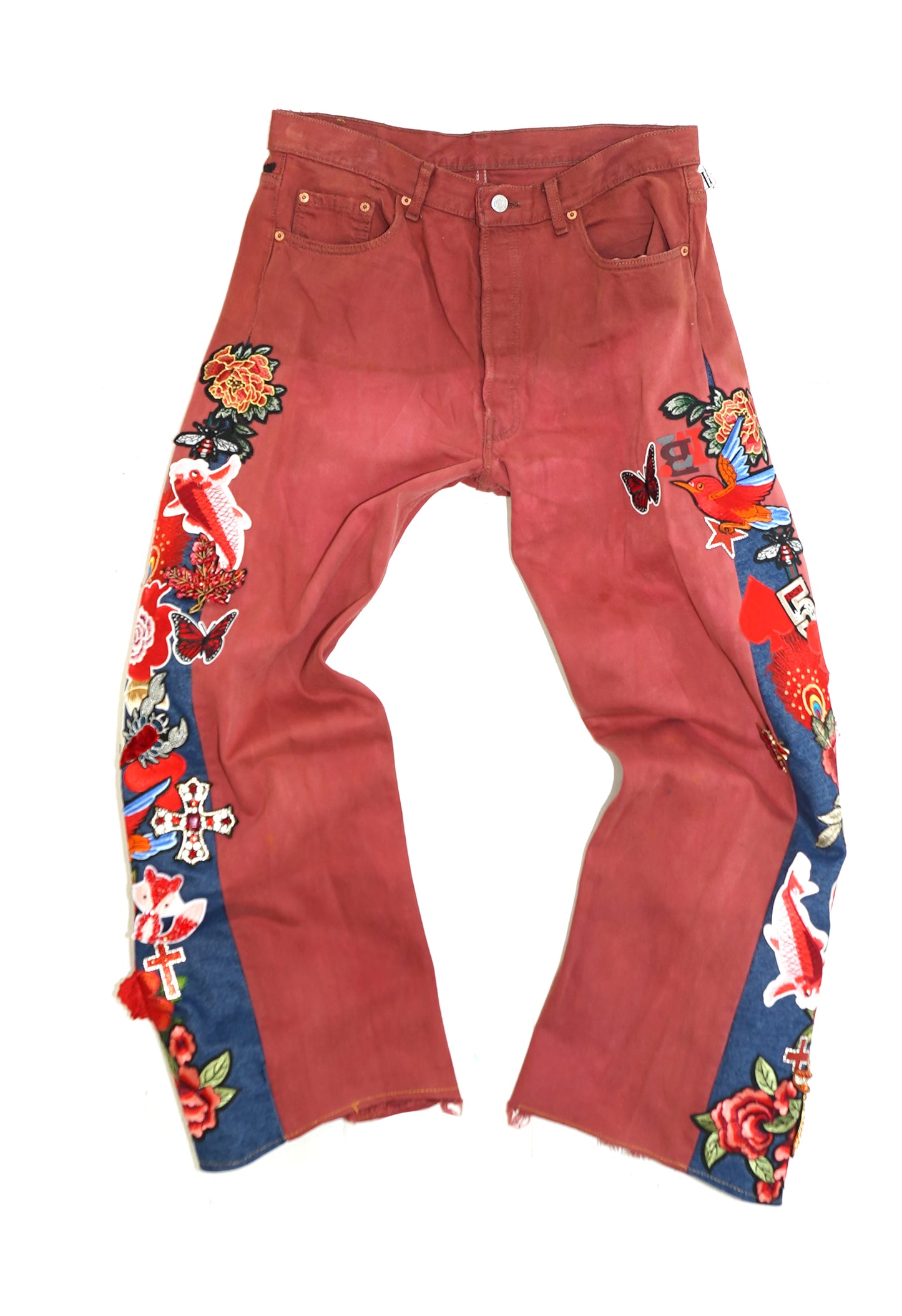 Floral Patchwork Denim Pants - SCARLET 36W