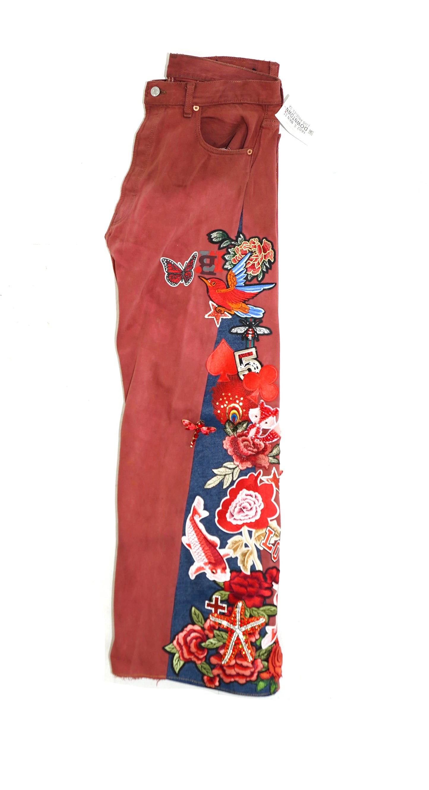 Floral Patchwork Denim Pants - SCARLET 36W