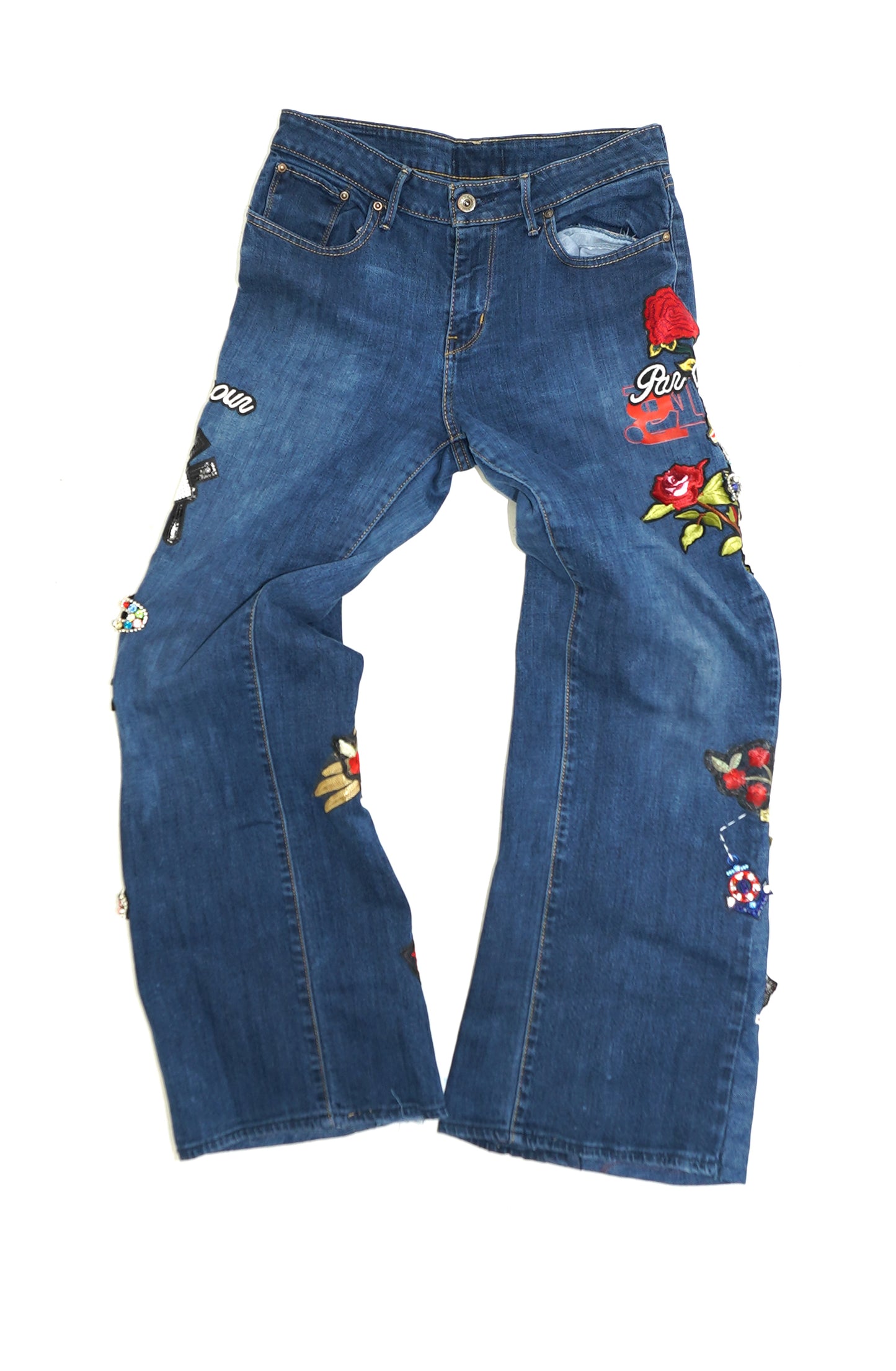 Floral Patchwork Denim Pants - INDIGO 28W