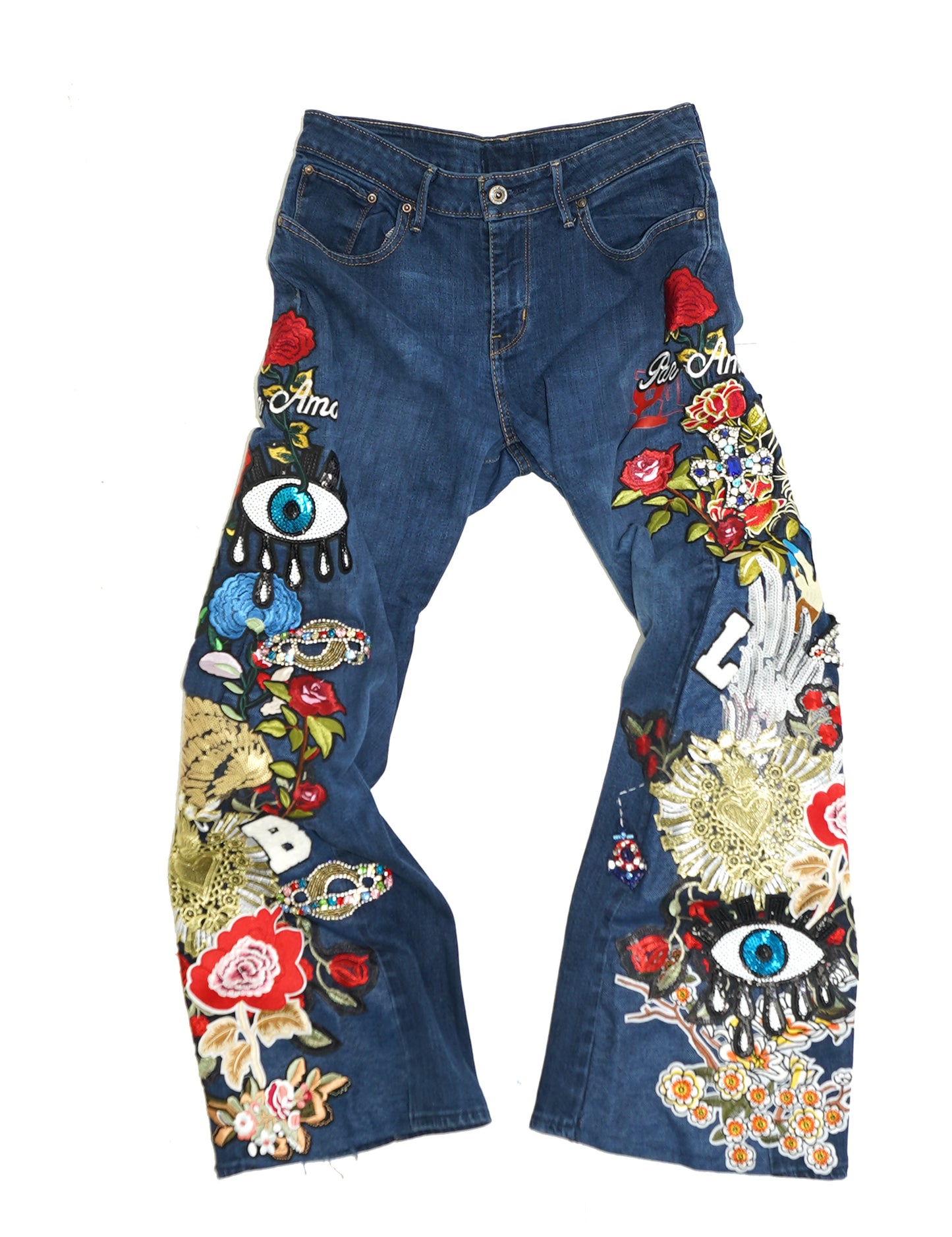 Floral Patchwork Denim Pants - INDIGO 28W