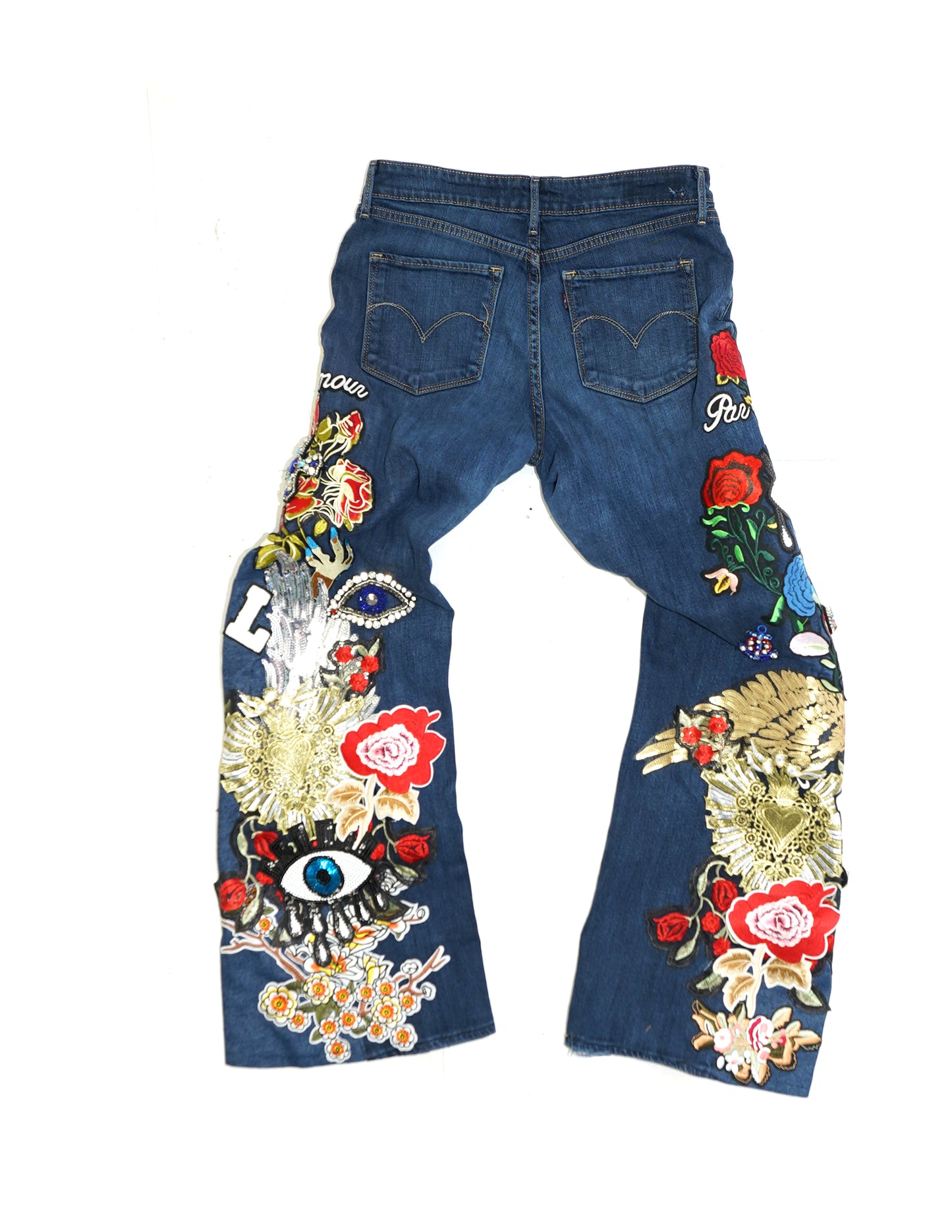Floral Patchwork Denim Pants - INDIGO 28W