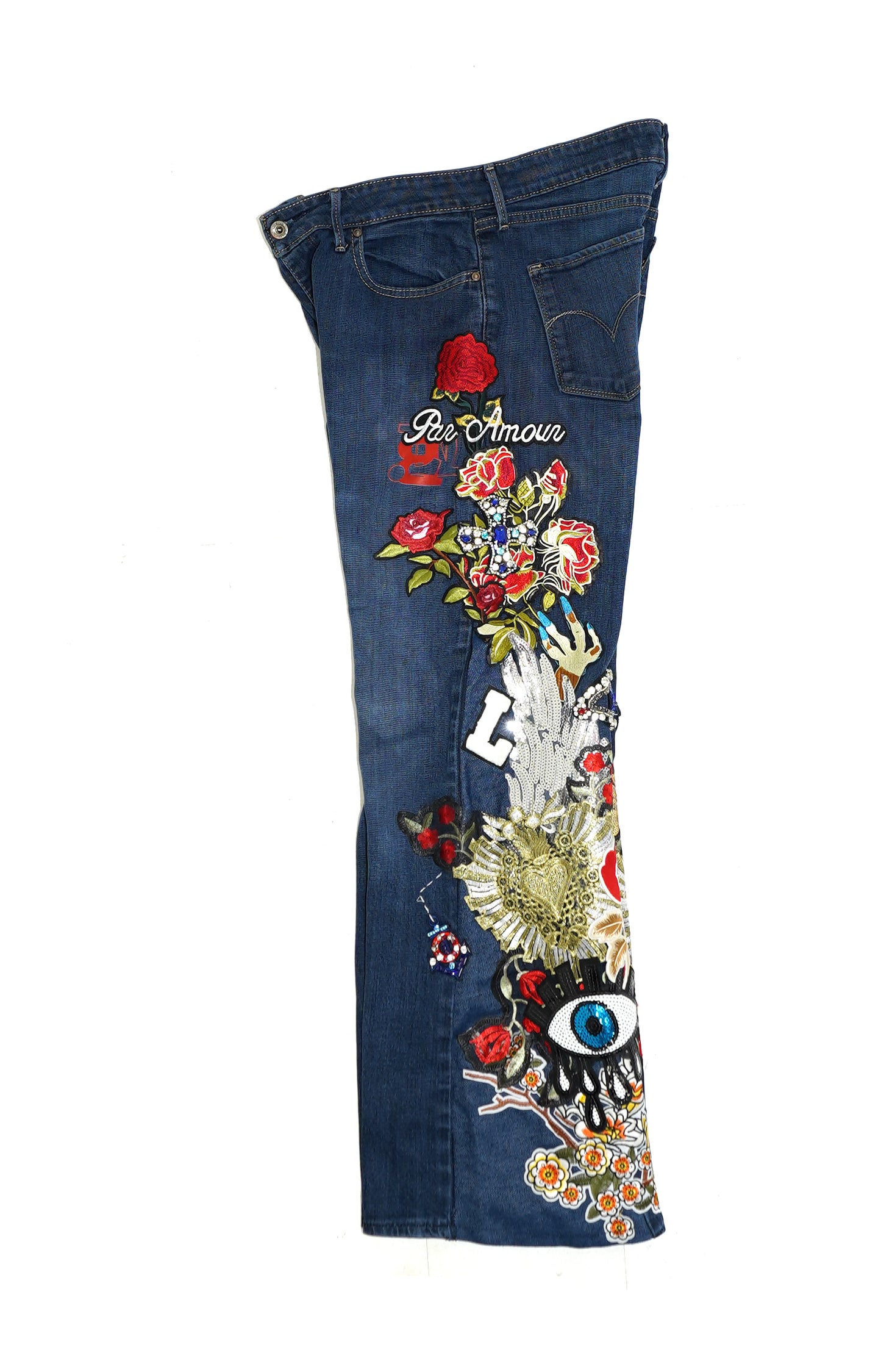 Floral Patchwork Denim Pants - INDIGO 28W
