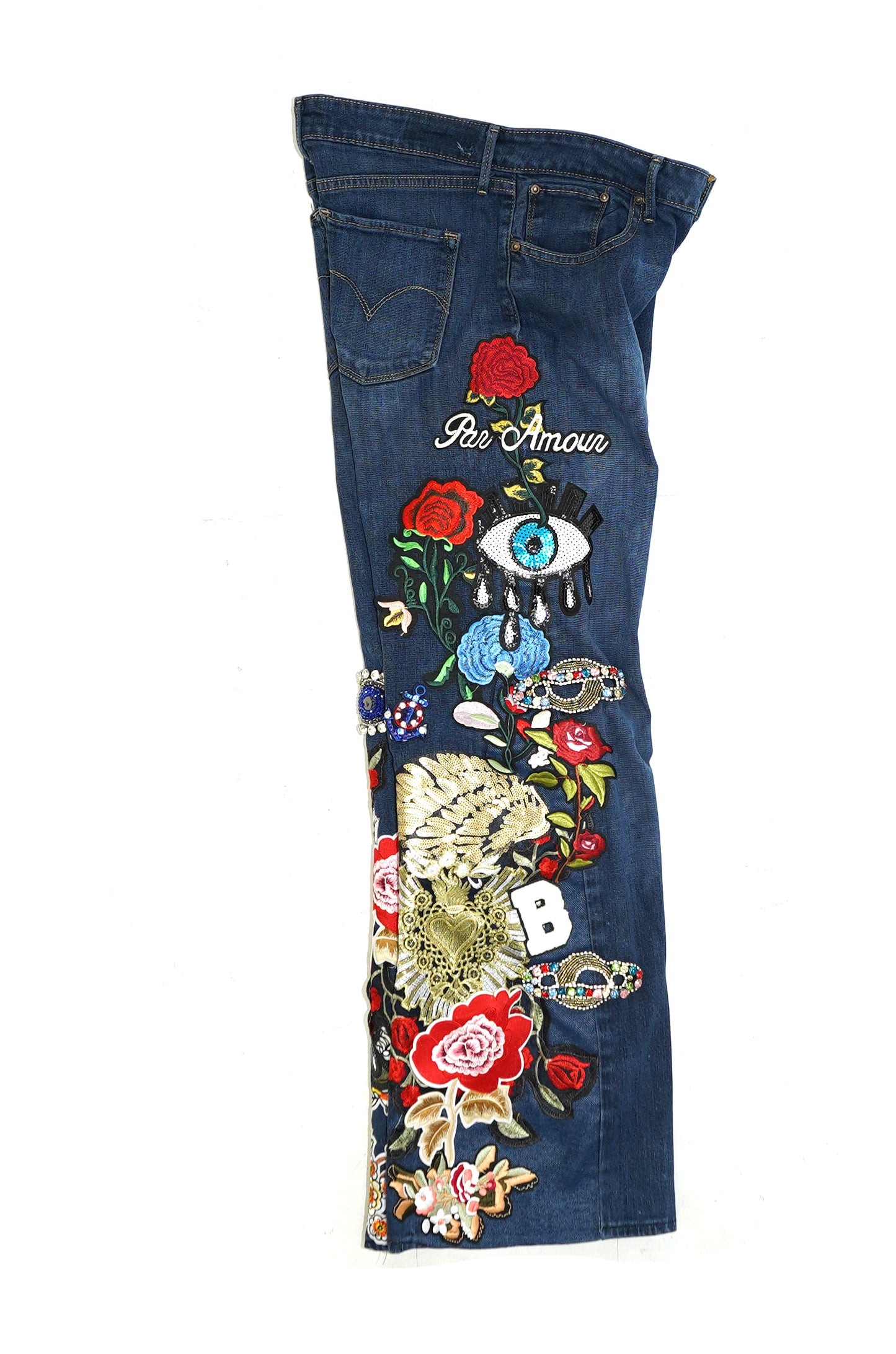 Floral Patchwork Denim Pants - INDIGO 28W