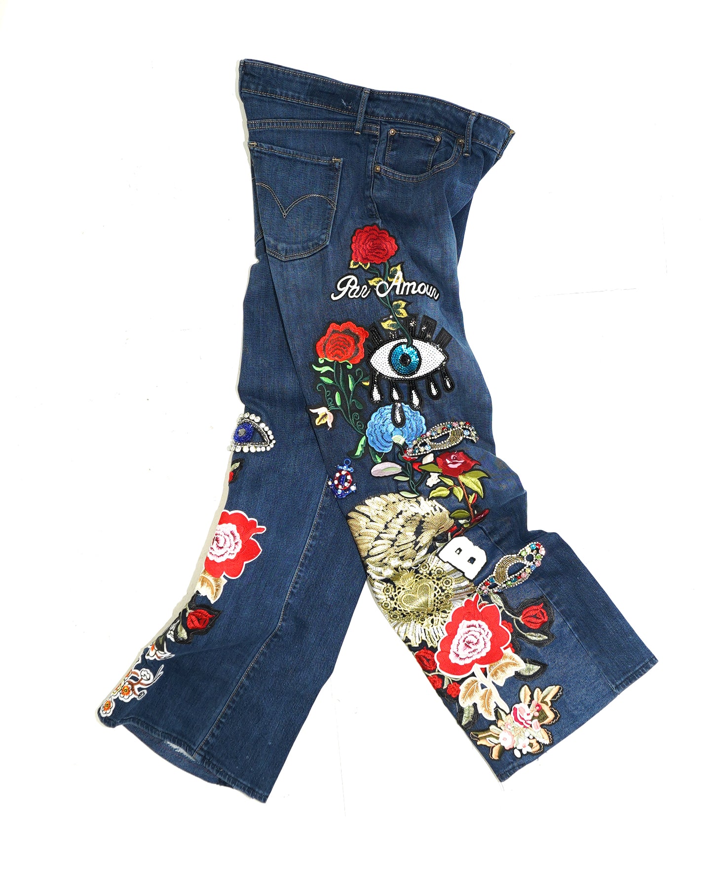 Floral Patchwork Denim Pants - INDIGO 28W