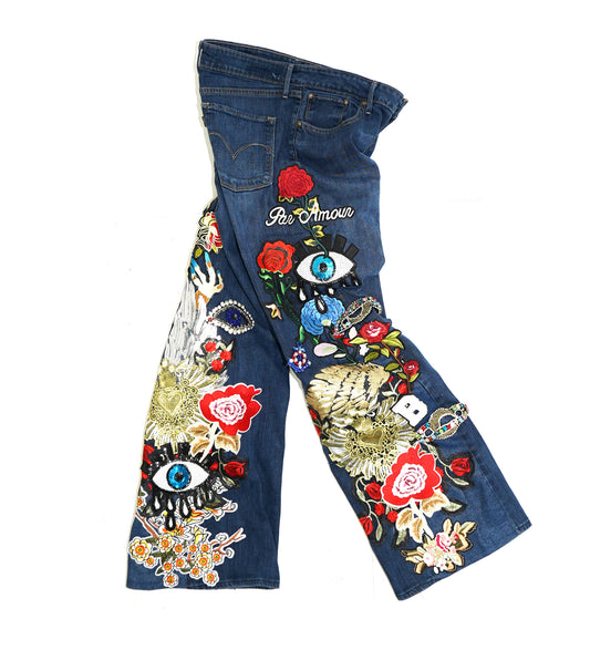 Floral Patchwork Denim Pants - INDIGO 28W