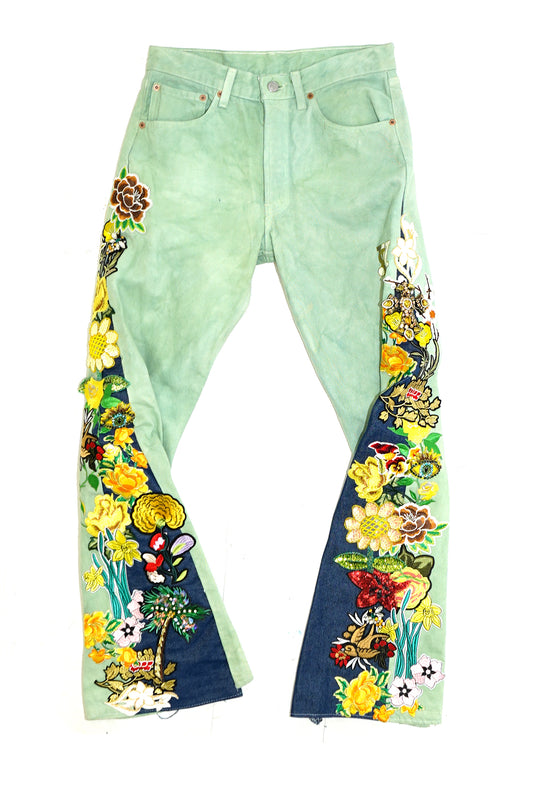 Floral Patchwork Denim Pants - SAGE 32W