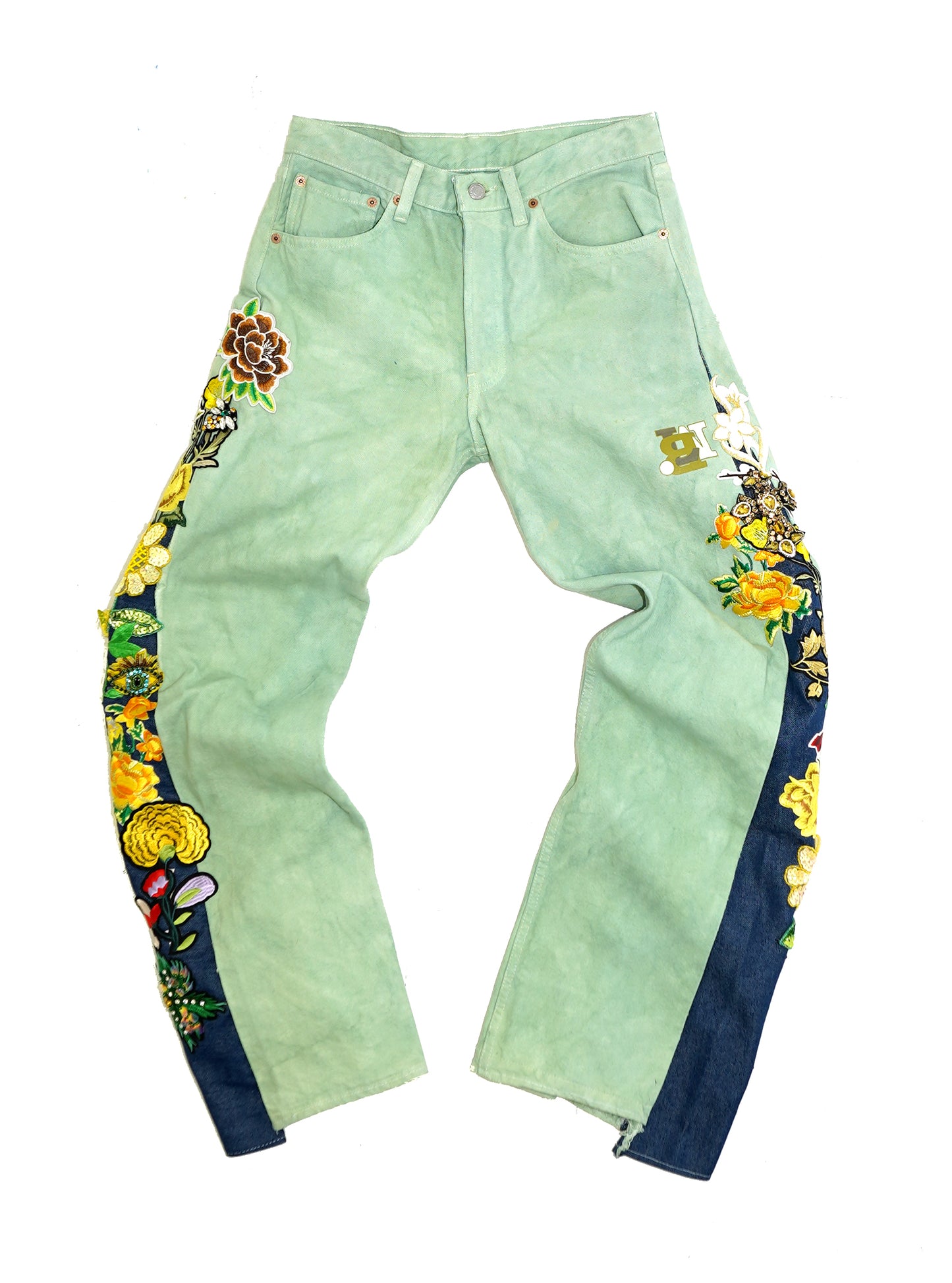 Floral Patchwork Denim Pants - SAGE 32W