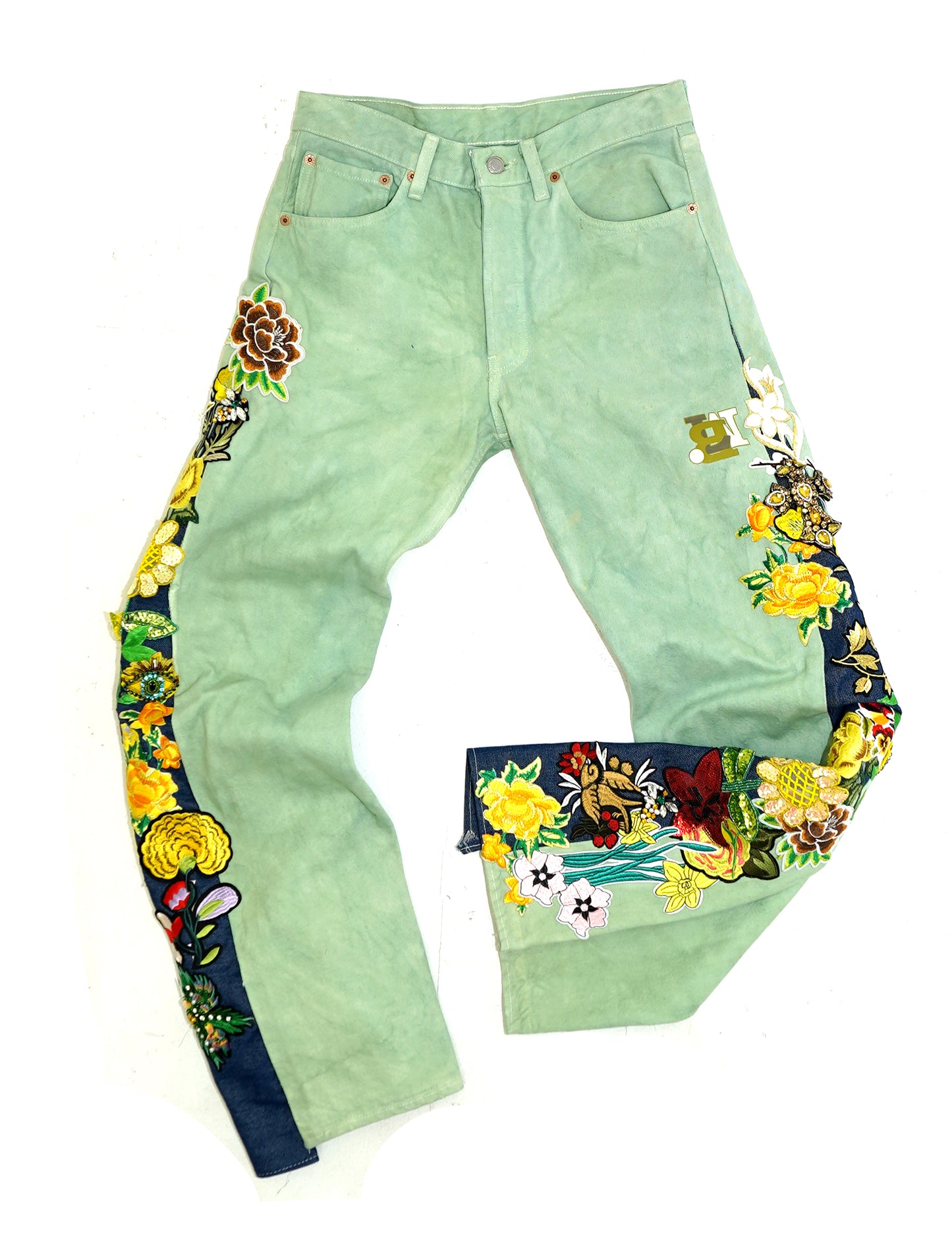 Floral Patchwork Denim Pants - SAGE 32W
