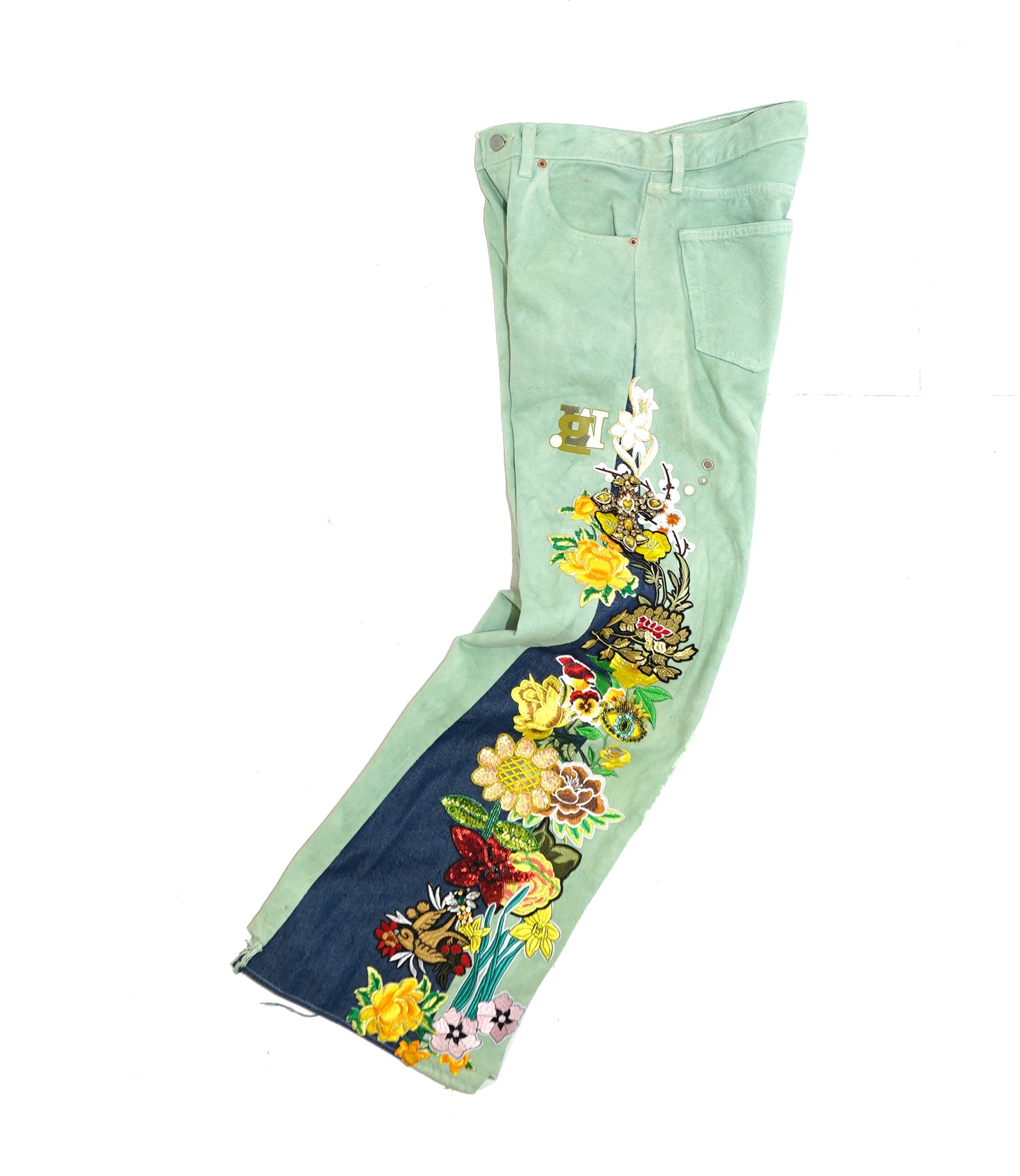 Floral Patchwork Denim Pants - SAGE 32W
