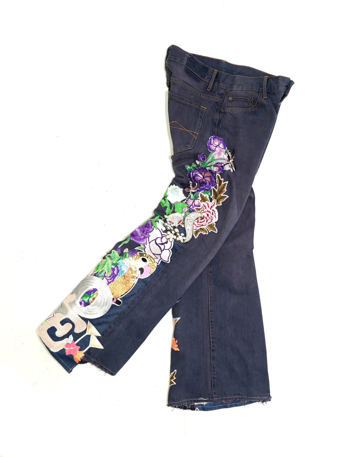 Floral Patchwork Denim Pants - VIOLET 26W